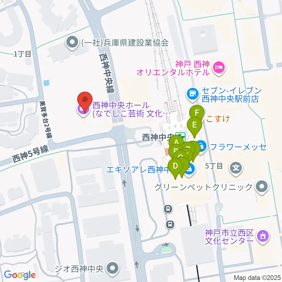 西神中央ホール周辺のファミレス・ファーストフード一覧地図