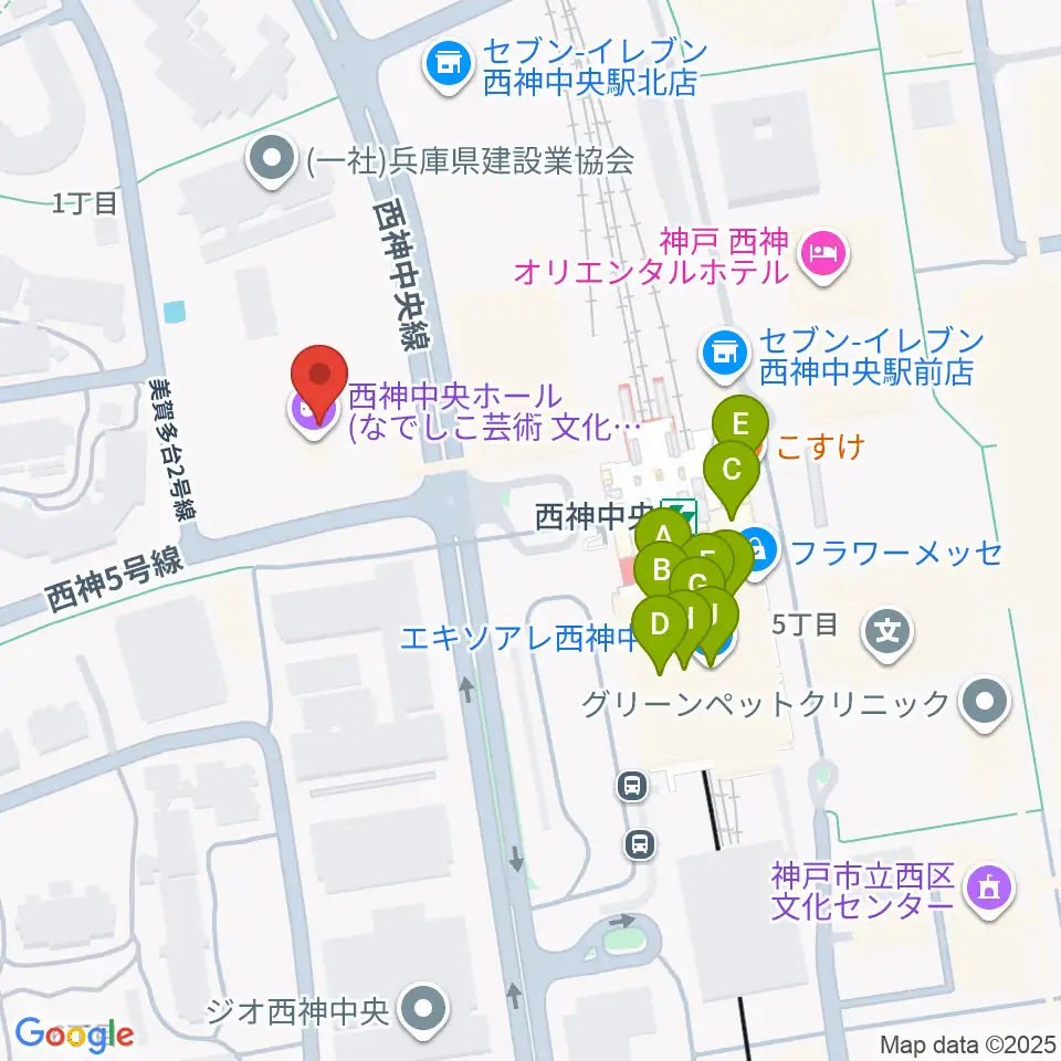 西神中央ホール周辺のファミレス・ファーストフード一覧地図