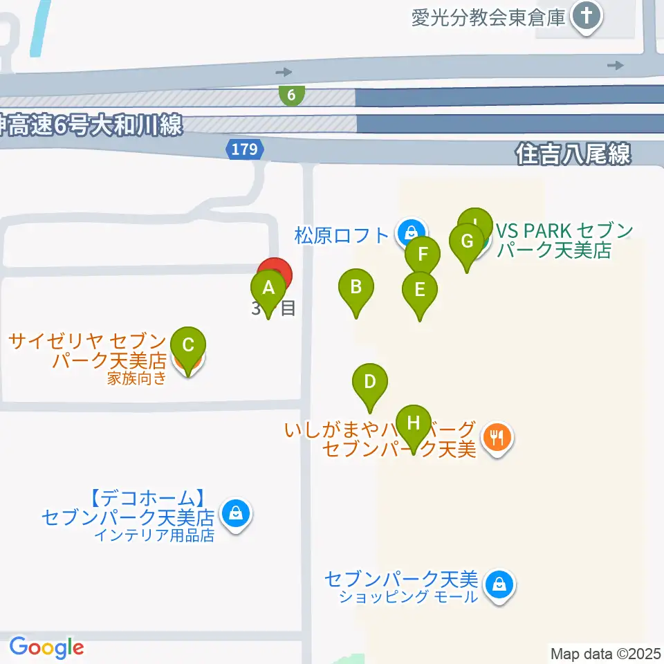 島村楽器 セブンパーク天美店周辺のファミレス・ファーストフード一覧地図