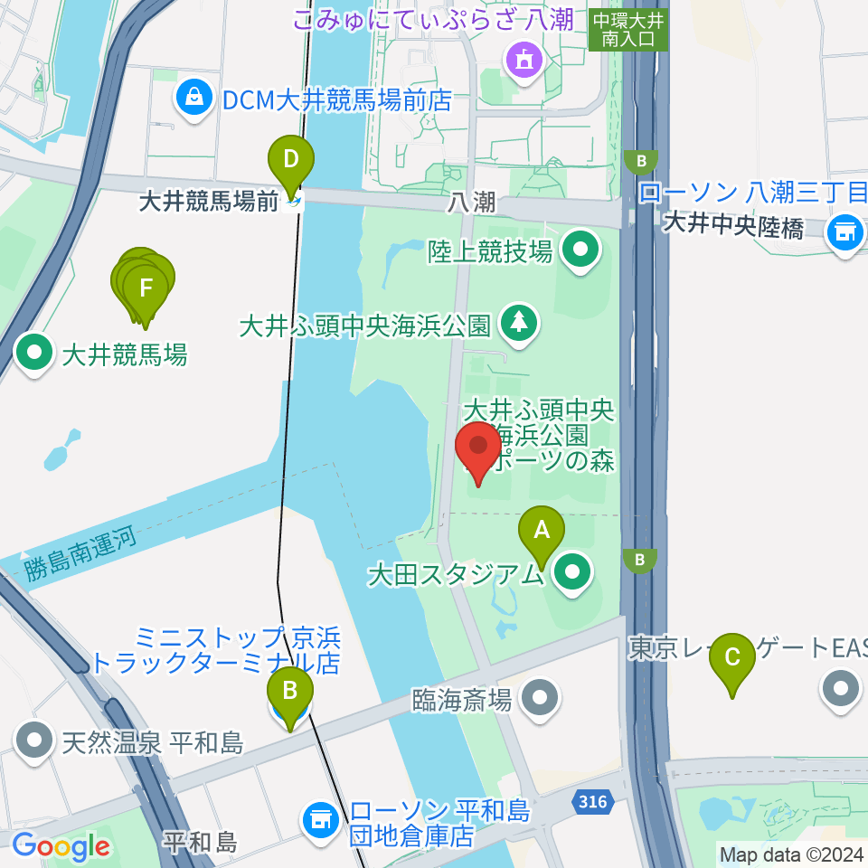 大井ふ頭中央海浜公園野球場周辺のファミレス・ファーストフード一覧地図