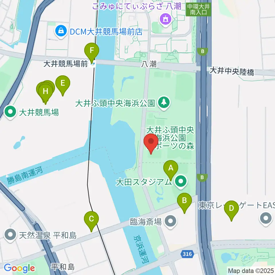 大井ふ頭中央海浜公園野球場周辺のファミレス・ファーストフード一覧地図