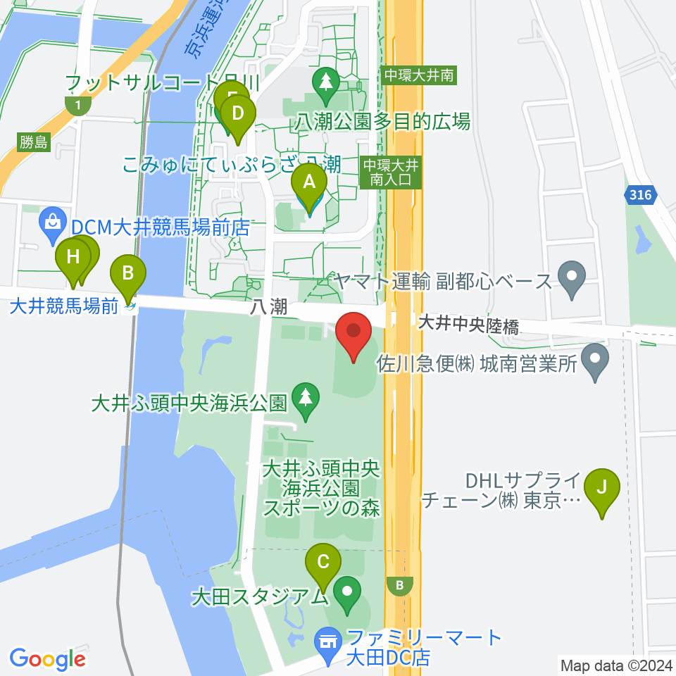 大井ふ頭中央海浜公園陸上競技場周辺のファミレス・ファーストフード一覧地図