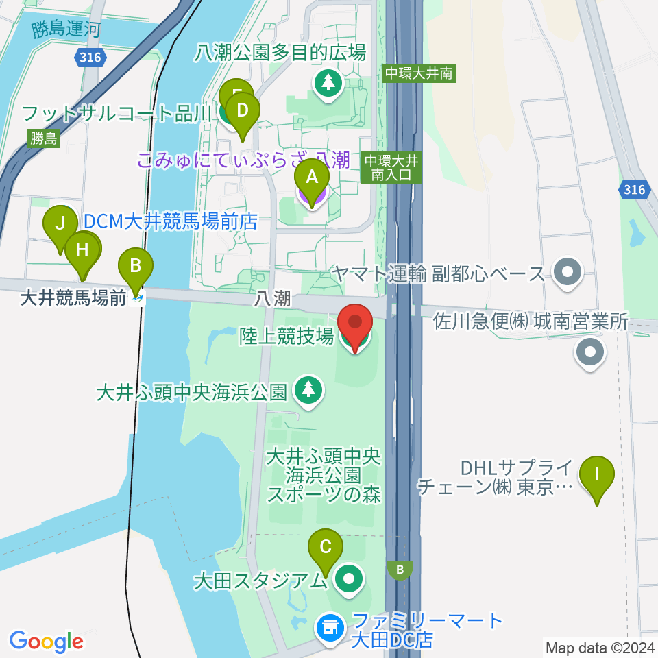 大井ふ頭中央海浜公園陸上競技場周辺のファミレス・ファーストフード一覧地図