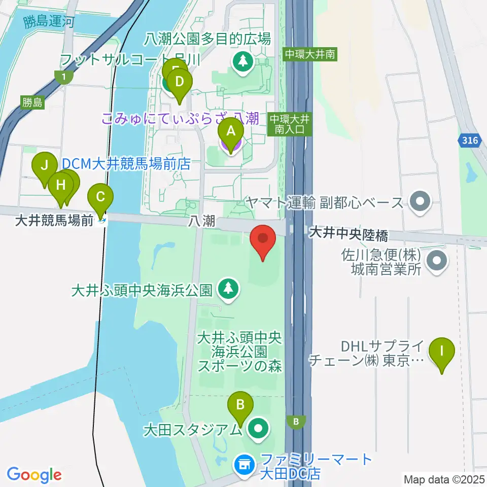 大井ふ頭中央海浜公園陸上競技場周辺のファミレス・ファーストフード一覧地図