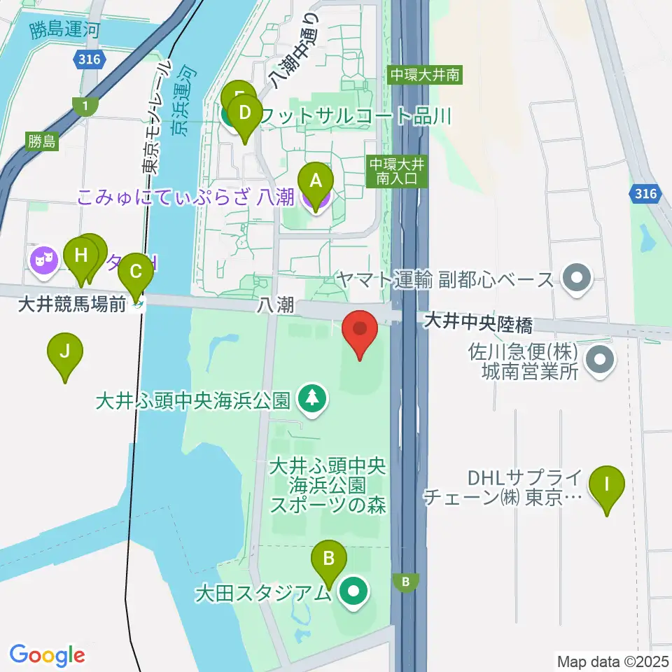 大井ふ頭中央海浜公園陸上競技場周辺のファミレス・ファーストフード一覧地図