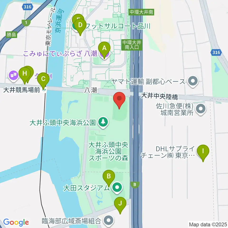 大井ふ頭中央海浜公園陸上競技場周辺のファミレス・ファーストフード一覧地図