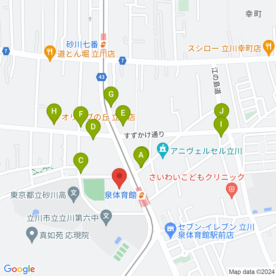 立川市泉市民体育館周辺のファミレス・ファーストフード一覧地図