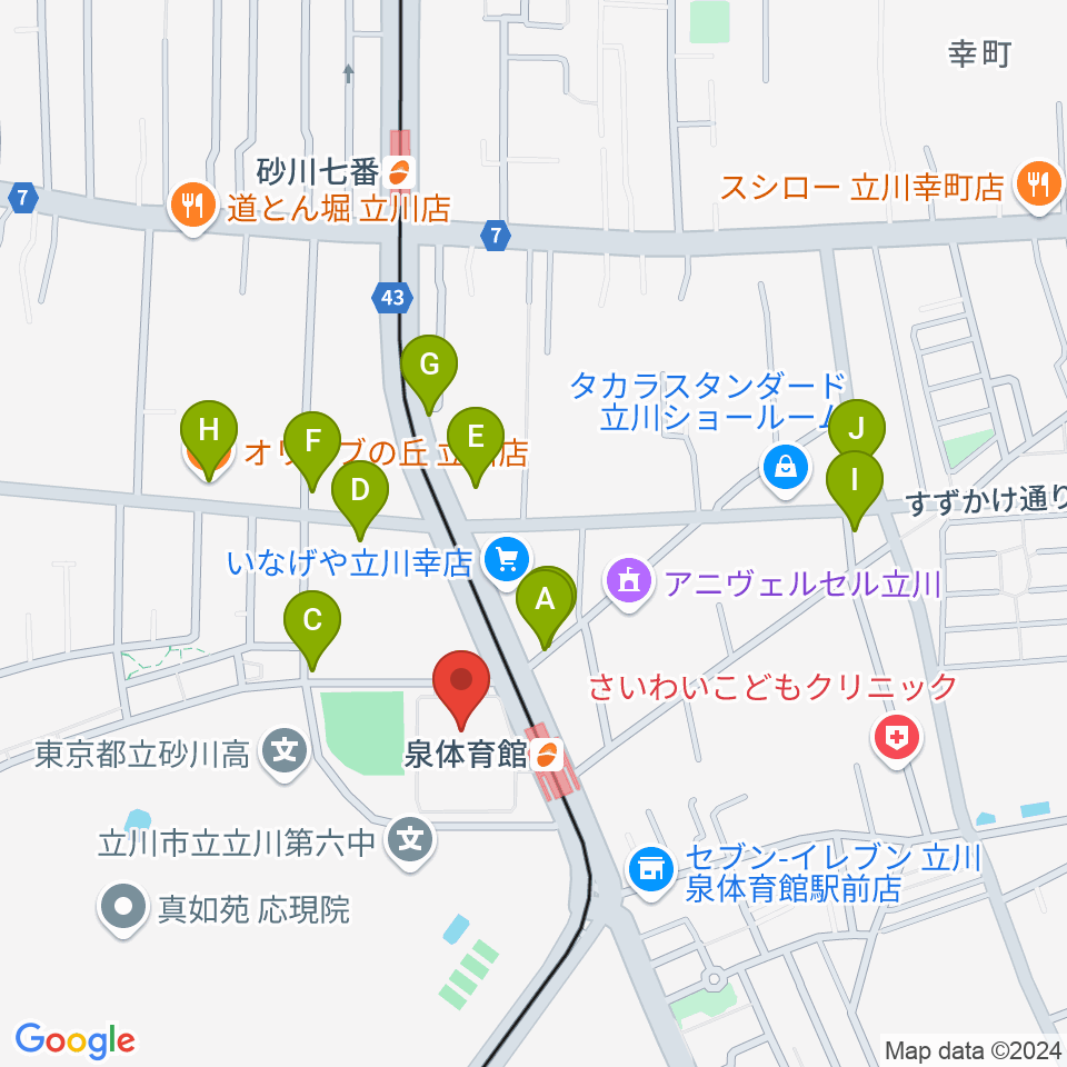 立川市泉市民体育館周辺のファミレス・ファーストフード一覧地図