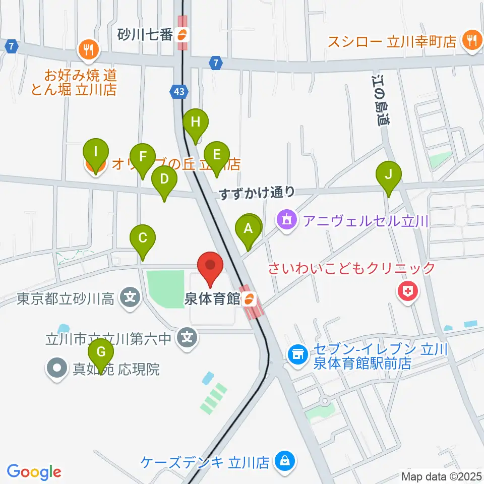 立川市泉市民体育館周辺のファミレス・ファーストフード一覧地図