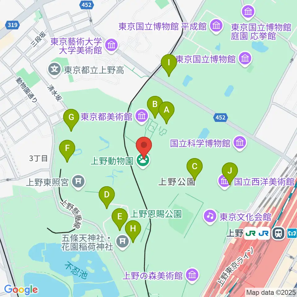 上野動物園周辺のファミレス・ファーストフード一覧地図