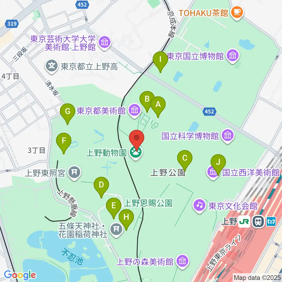 上野動物園周辺のファミレス・ファーストフード一覧地図