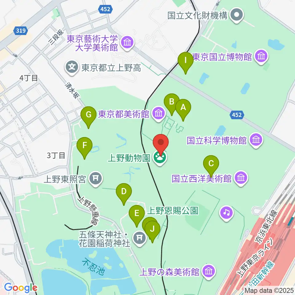 上野動物園周辺のファミレス・ファーストフード一覧地図