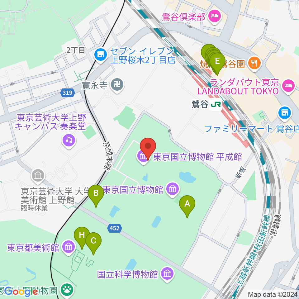 東京国立博物館・平成館周辺のファミレス・ファーストフード一覧地図