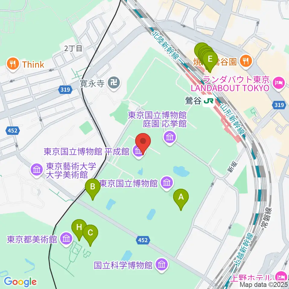東京国立博物館・平成館周辺のファミレス・ファーストフード一覧地図