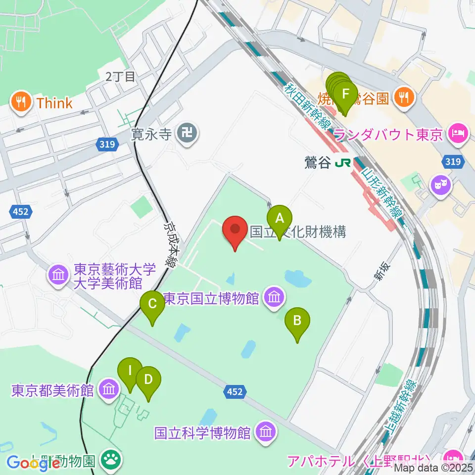 東京国立博物館・平成館周辺のファミレス・ファーストフード一覧地図