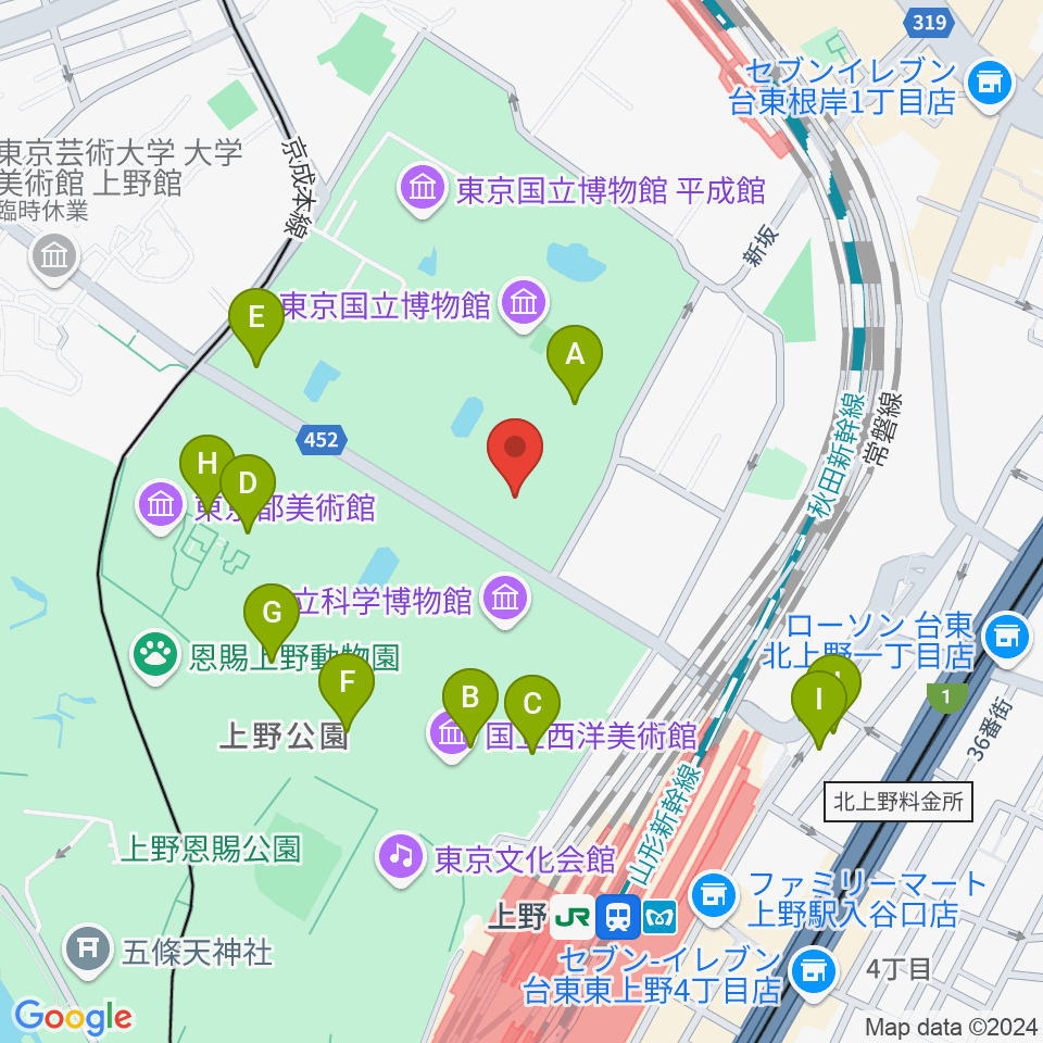 東京国立博物館・東洋館周辺のファミレス・ファーストフード一覧地図