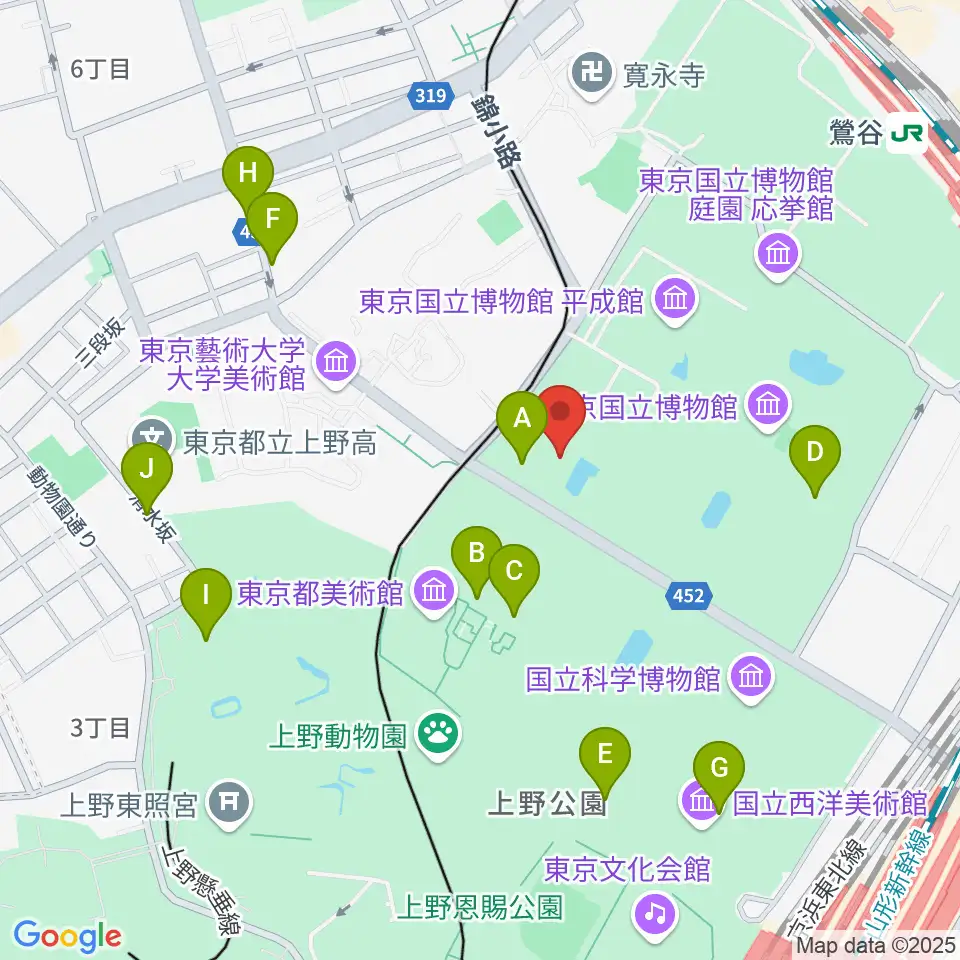 東京国立博物館・法隆寺宝物館周辺のファミレス・ファーストフード一覧地図