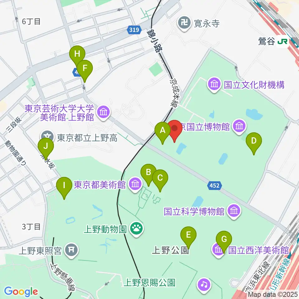 東京国立博物館・法隆寺宝物館周辺のファミレス・ファーストフード一覧地図
