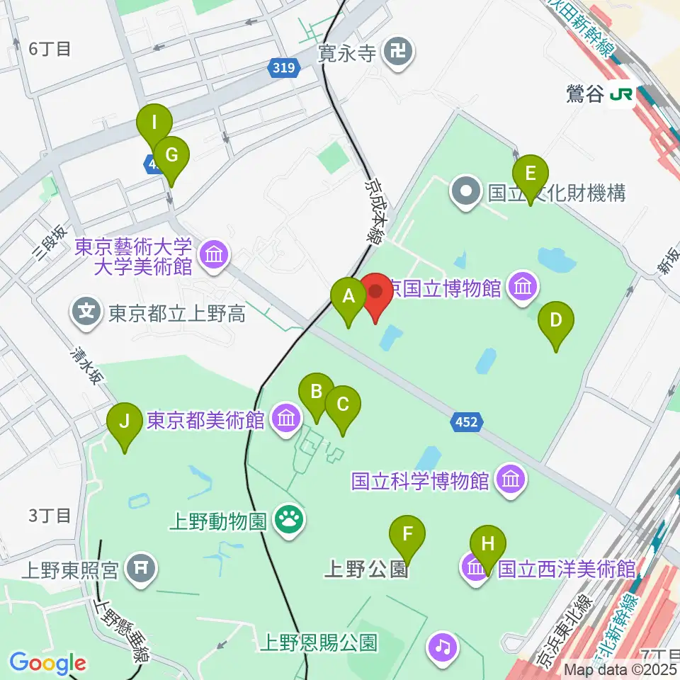 東京国立博物館・法隆寺宝物館周辺のファミレス・ファーストフード一覧地図