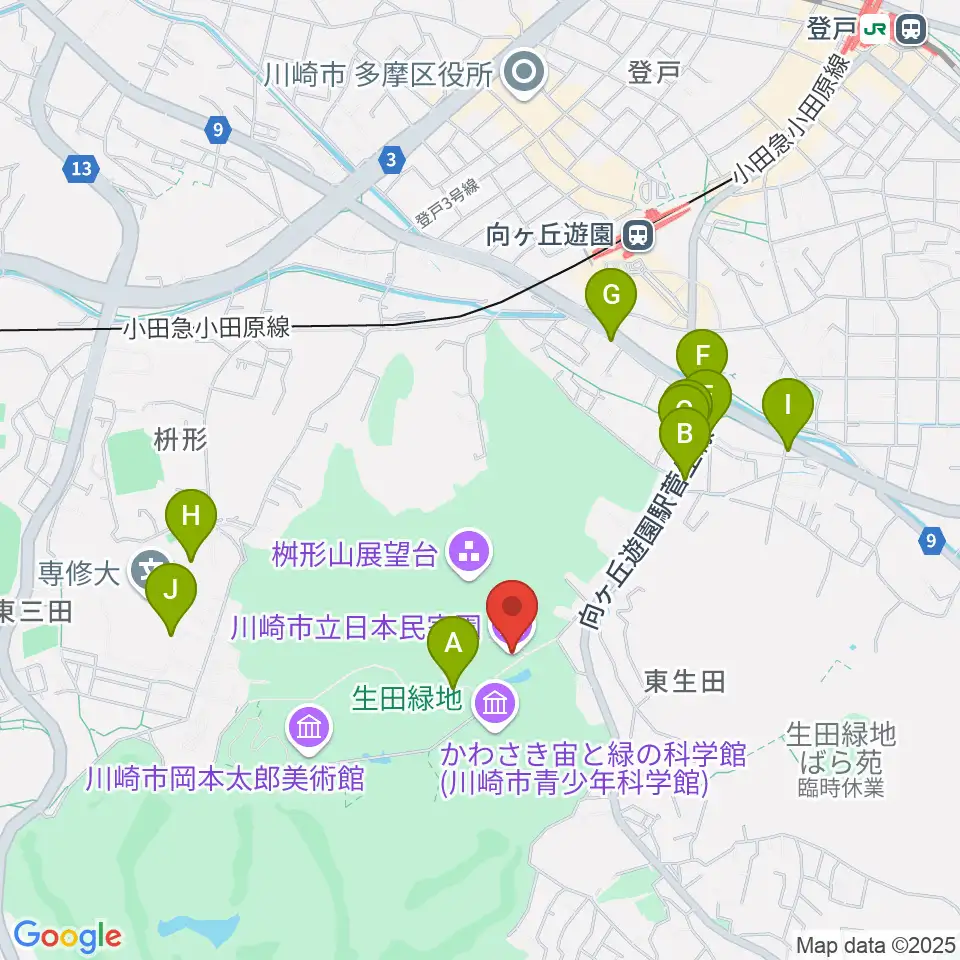 川崎市立日本民家園周辺のファミレス・ファーストフード一覧地図