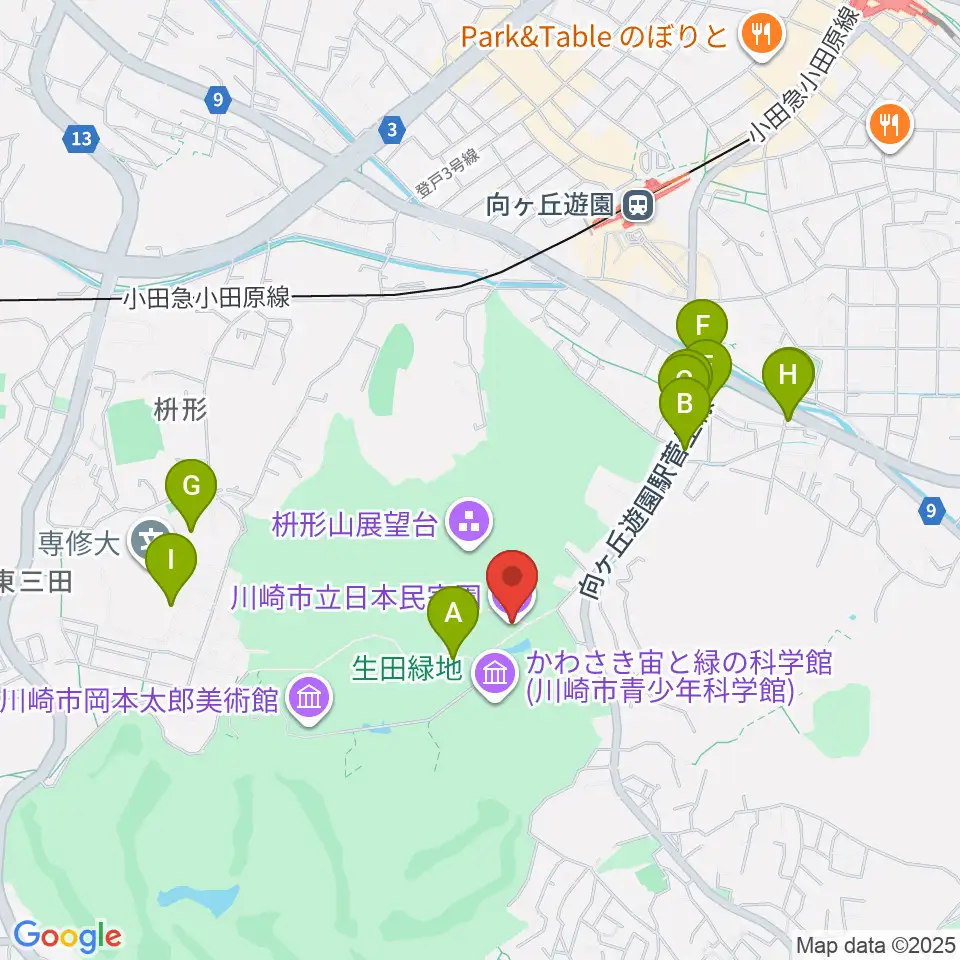 川崎市立日本民家園周辺のファミレス・ファーストフード一覧地図