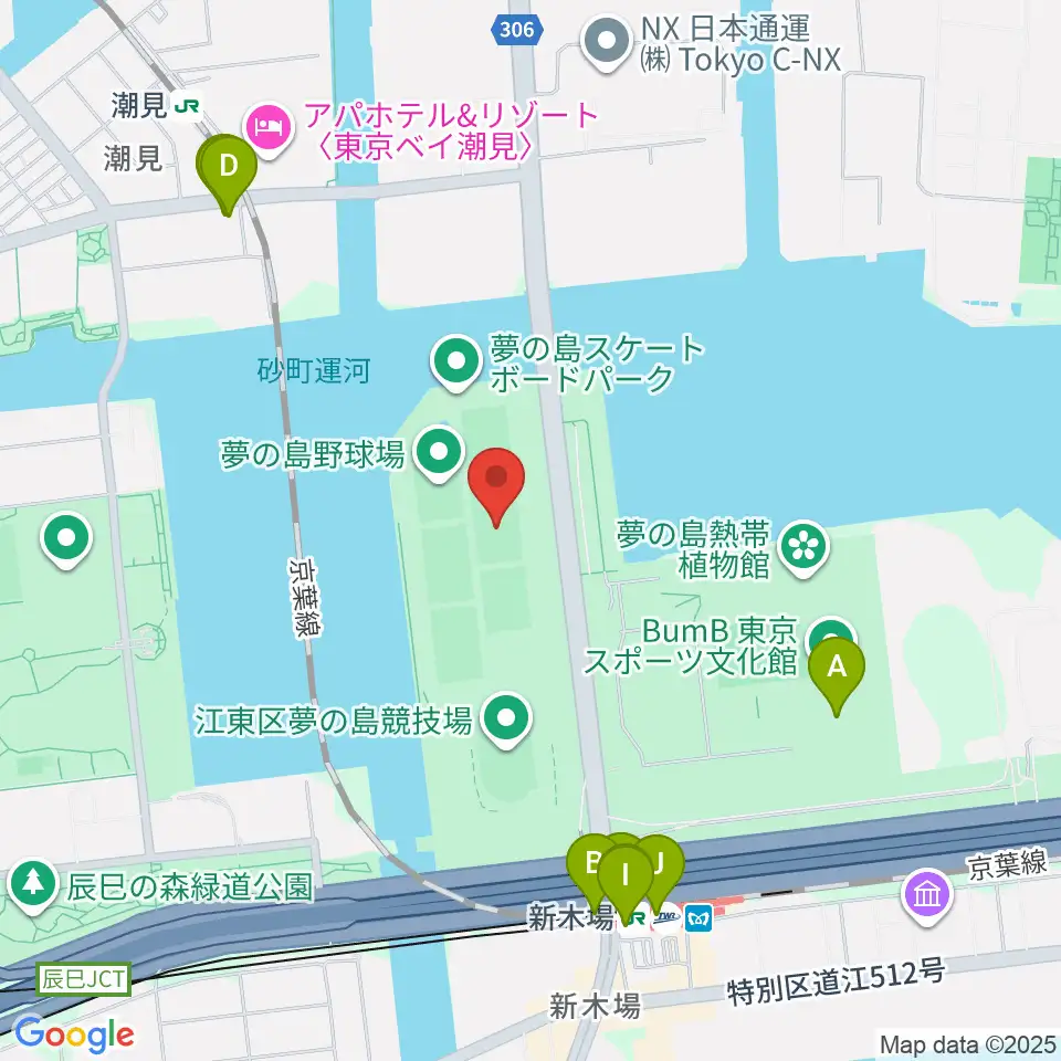 夢の島野球場周辺のファミレス・ファーストフード一覧地図