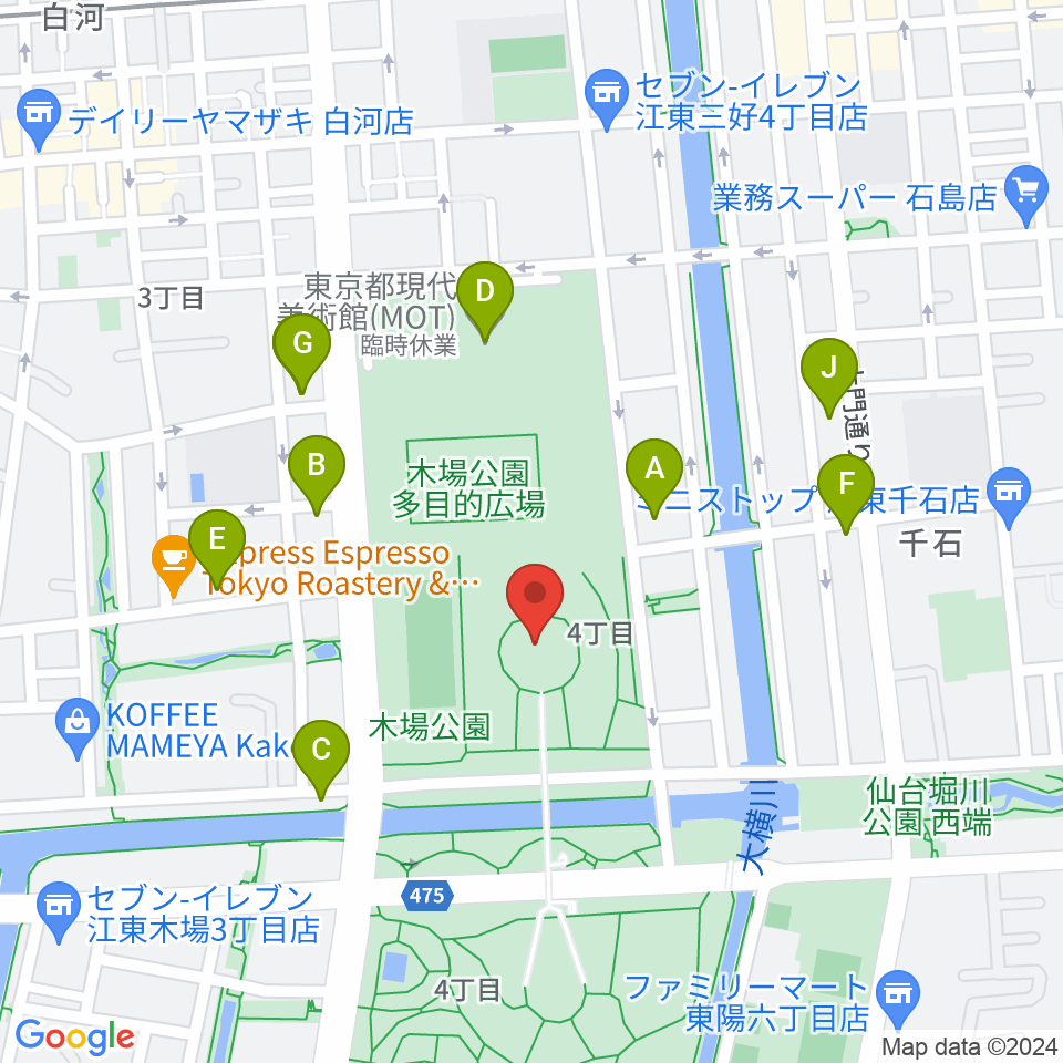 木場公園イベント広場 野外ステージ周辺のファミレス・ファーストフード一覧地図