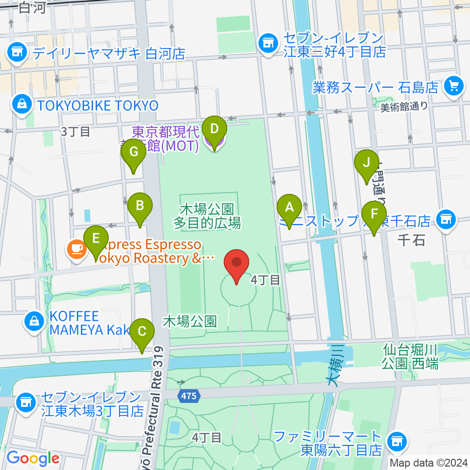 木場公園イベント広場 野外ステージ周辺のファミレス・ファーストフード一覧地図