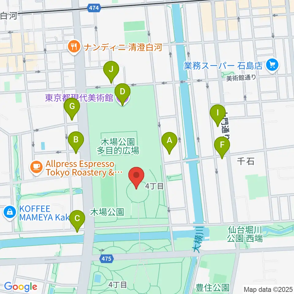 木場公園イベント広場 野外ステージ周辺のファミレス・ファーストフード一覧地図