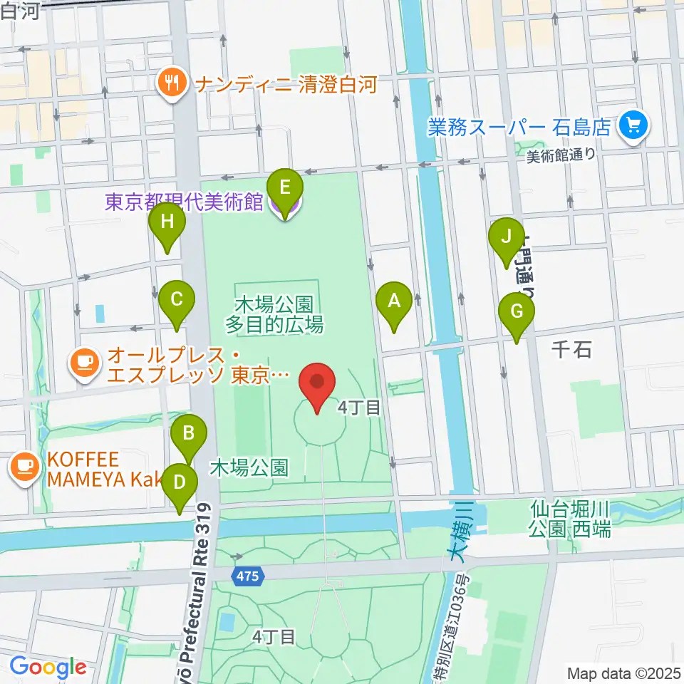 木場公園イベント広場 野外ステージ周辺のファミレス・ファーストフード一覧地図
