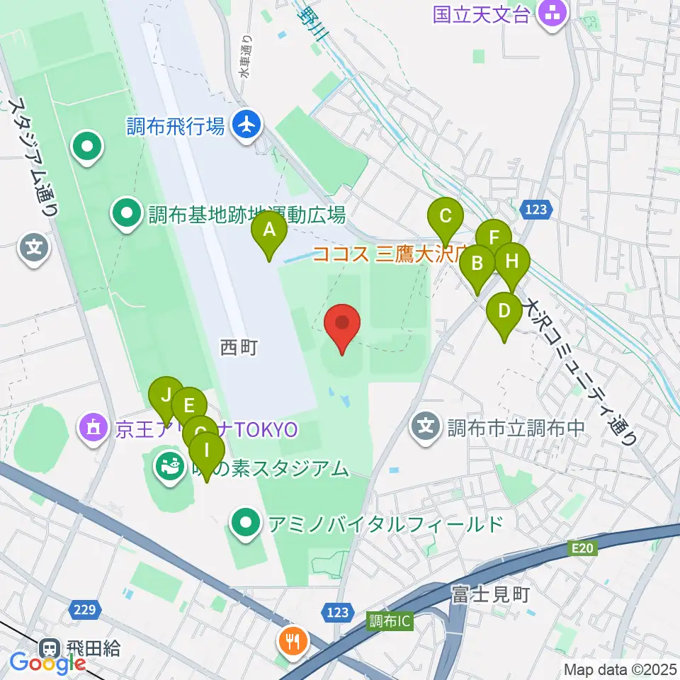 調布市民西町野球場周辺のファミレス・ファーストフード一覧地図