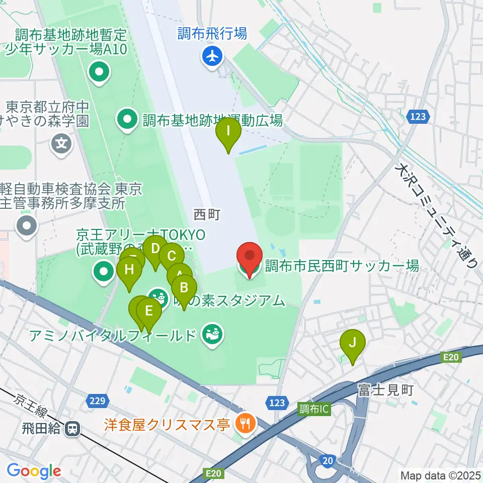 調布市民西町サッカー場周辺のファミレス・ファーストフード一覧地図