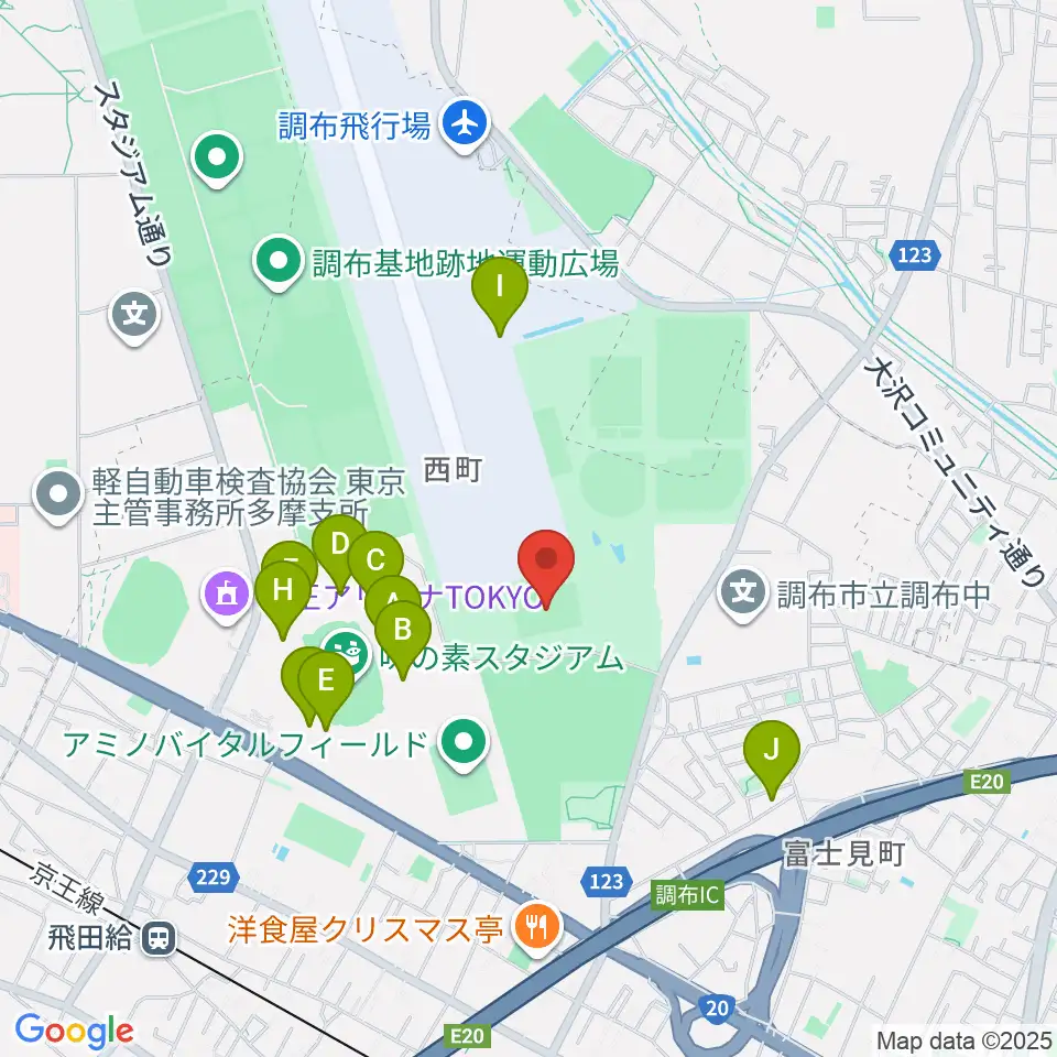 調布市民西町サッカー場周辺のファミレス・ファーストフード一覧地図