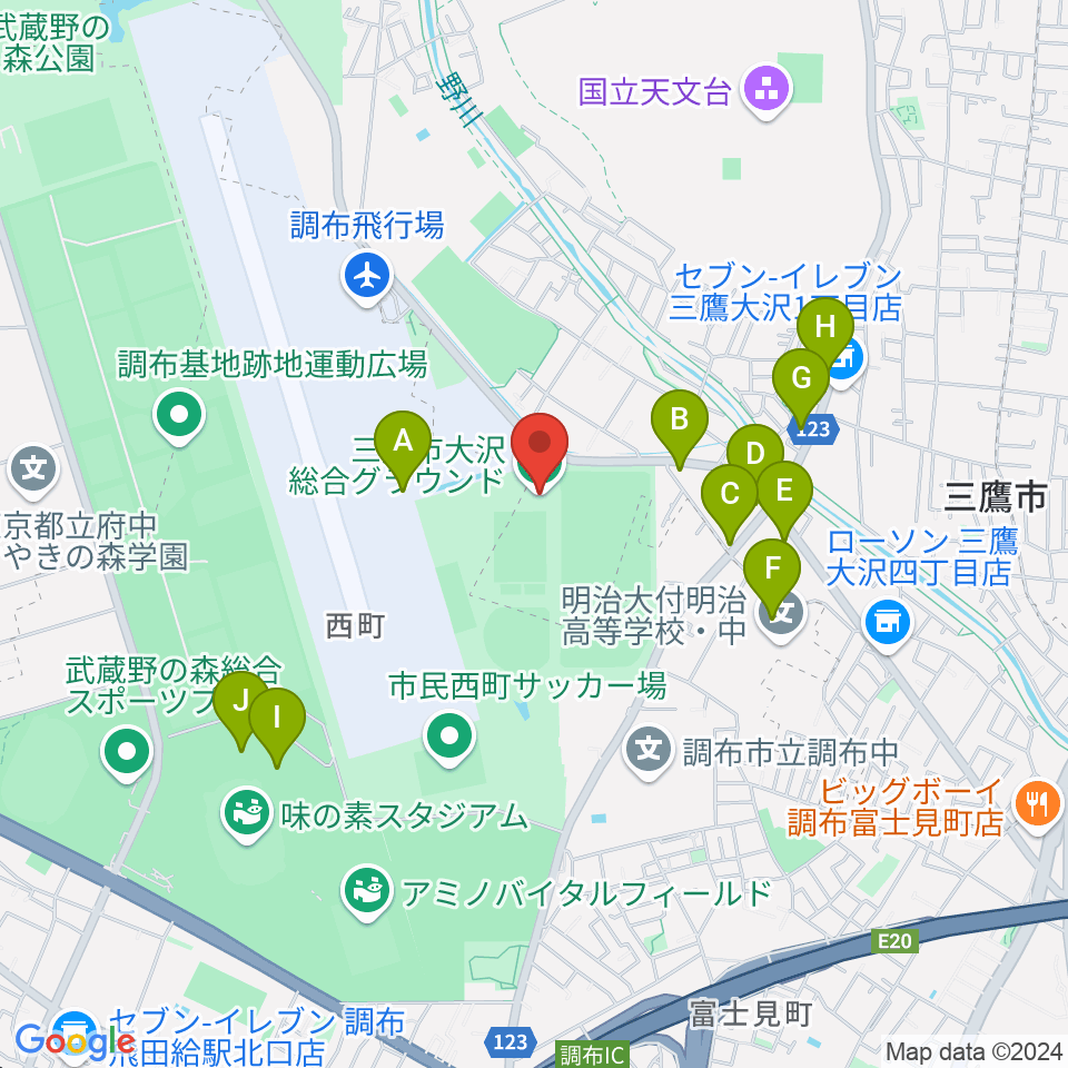 三鷹市大沢総合グラウンド周辺のファミレス・ファーストフード一覧地図