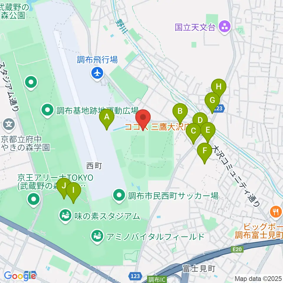 三鷹市大沢総合グラウンド周辺のファミレス・ファーストフード一覧地図