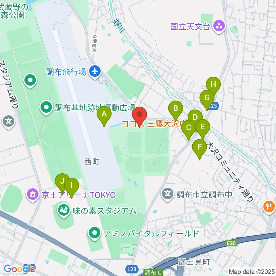 三鷹市大沢総合グラウンド周辺のファミレス・ファーストフード一覧地図