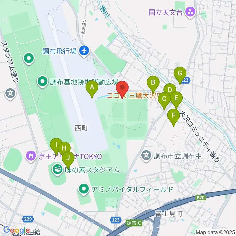 三鷹市大沢総合グラウンド周辺のファミレス・ファーストフード一覧地図