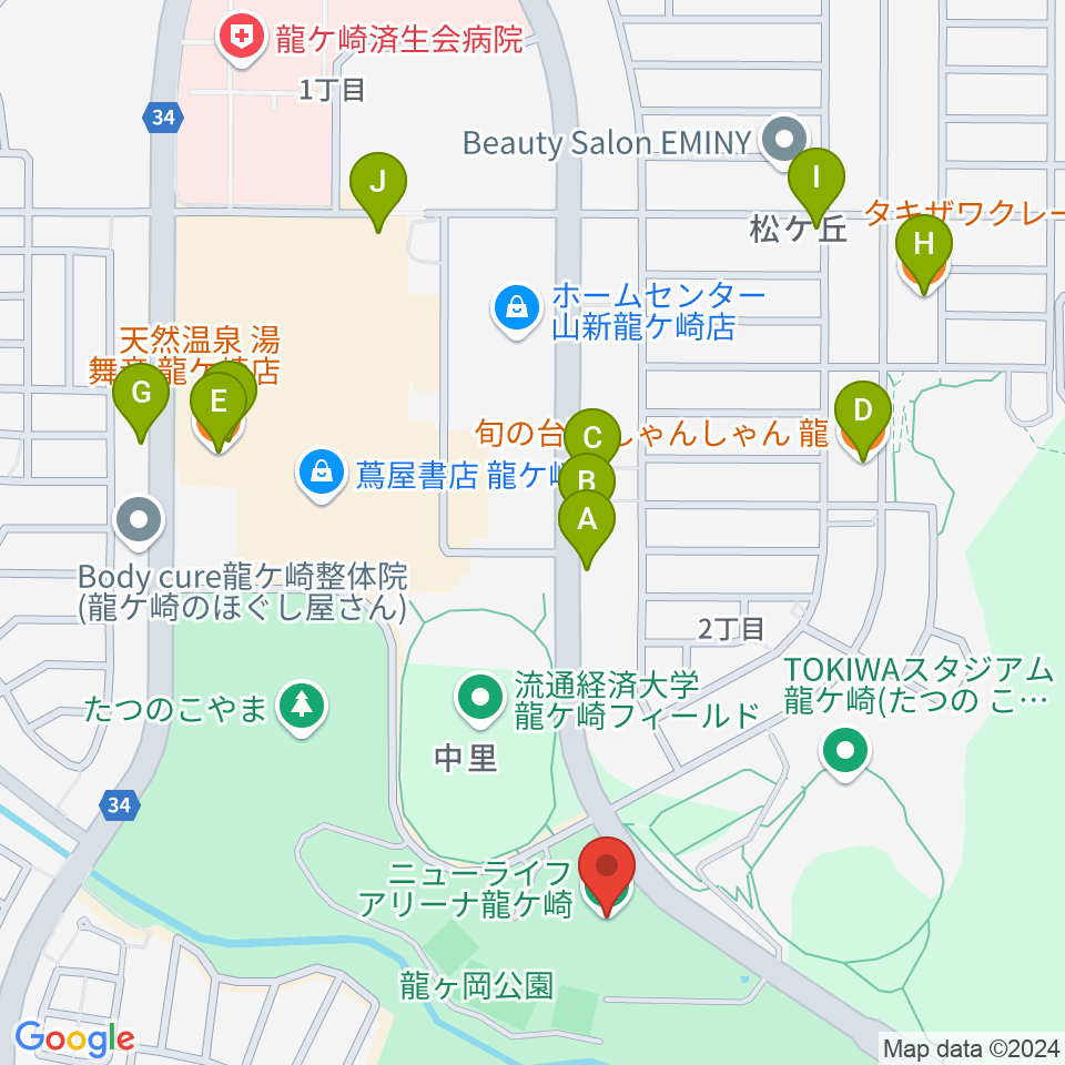 ニューライフアリーナ龍ケ崎周辺のファミレス・ファーストフード一覧地図