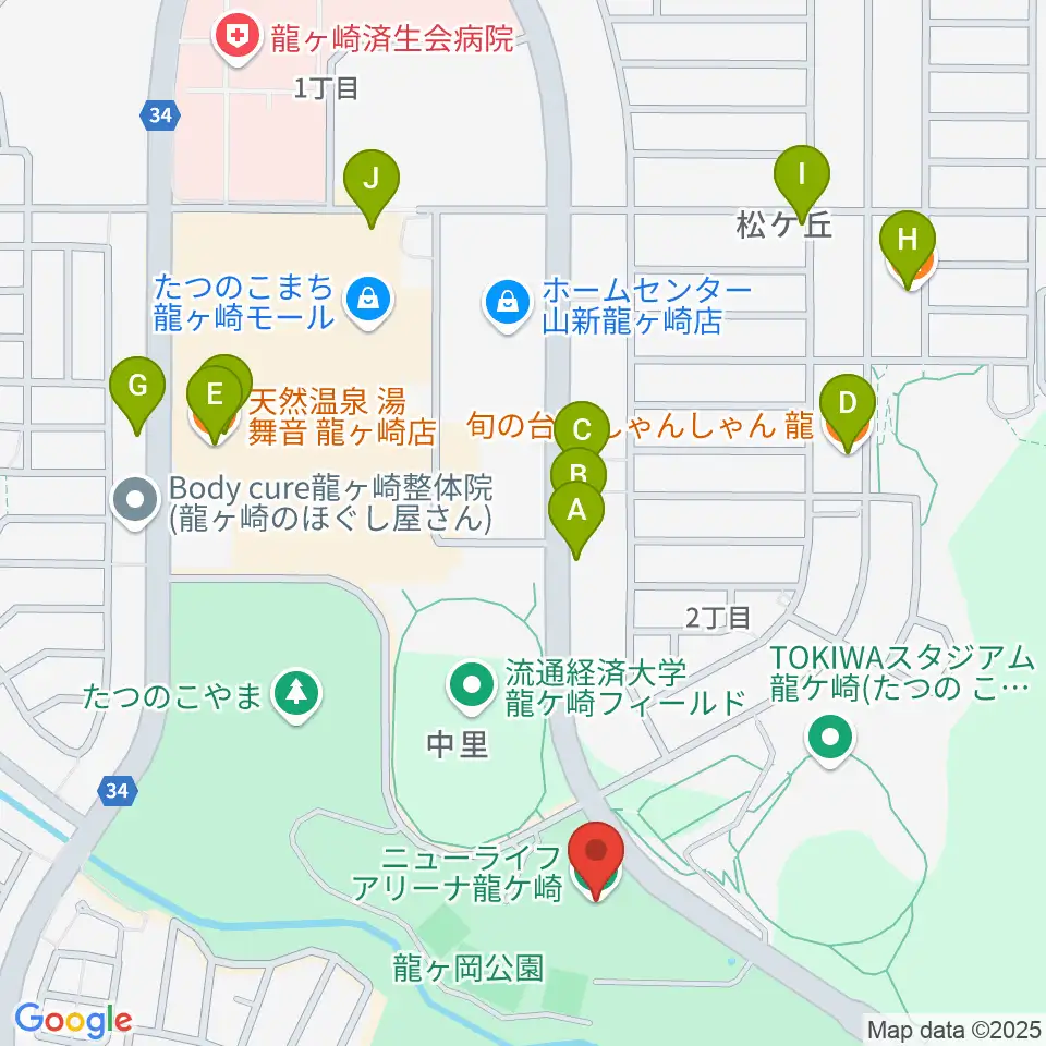 ニューライフアリーナ龍ケ崎周辺のファミレス・ファーストフード一覧地図