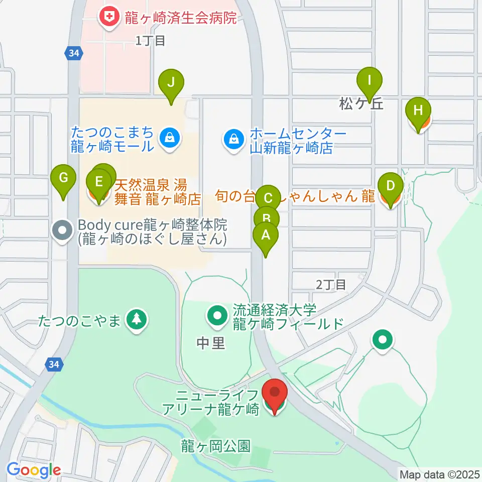 ニューライフアリーナ龍ケ崎周辺のファミレス・ファーストフード一覧地図