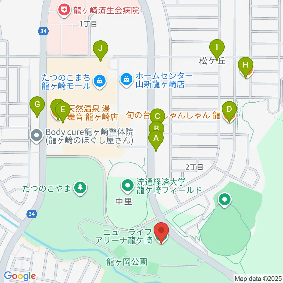 ニューライフアリーナ龍ケ崎周辺のファミレス・ファーストフード一覧地図