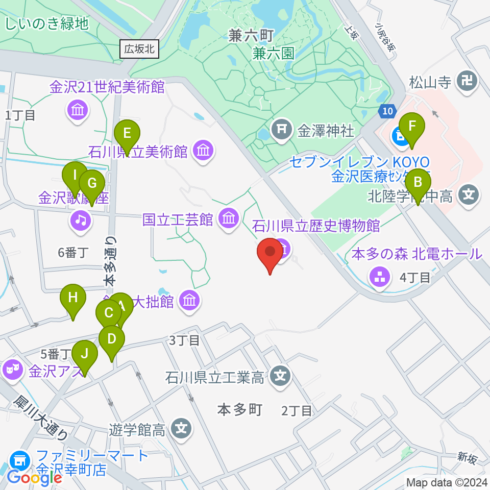 加賀本多博物館周辺のファミレス・ファーストフード一覧地図