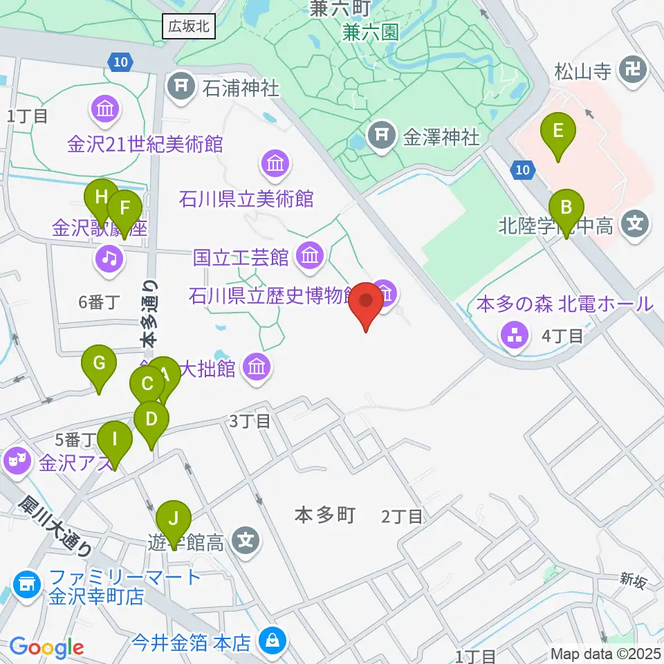 加賀本多博物館周辺のファミレス・ファーストフード一覧地図