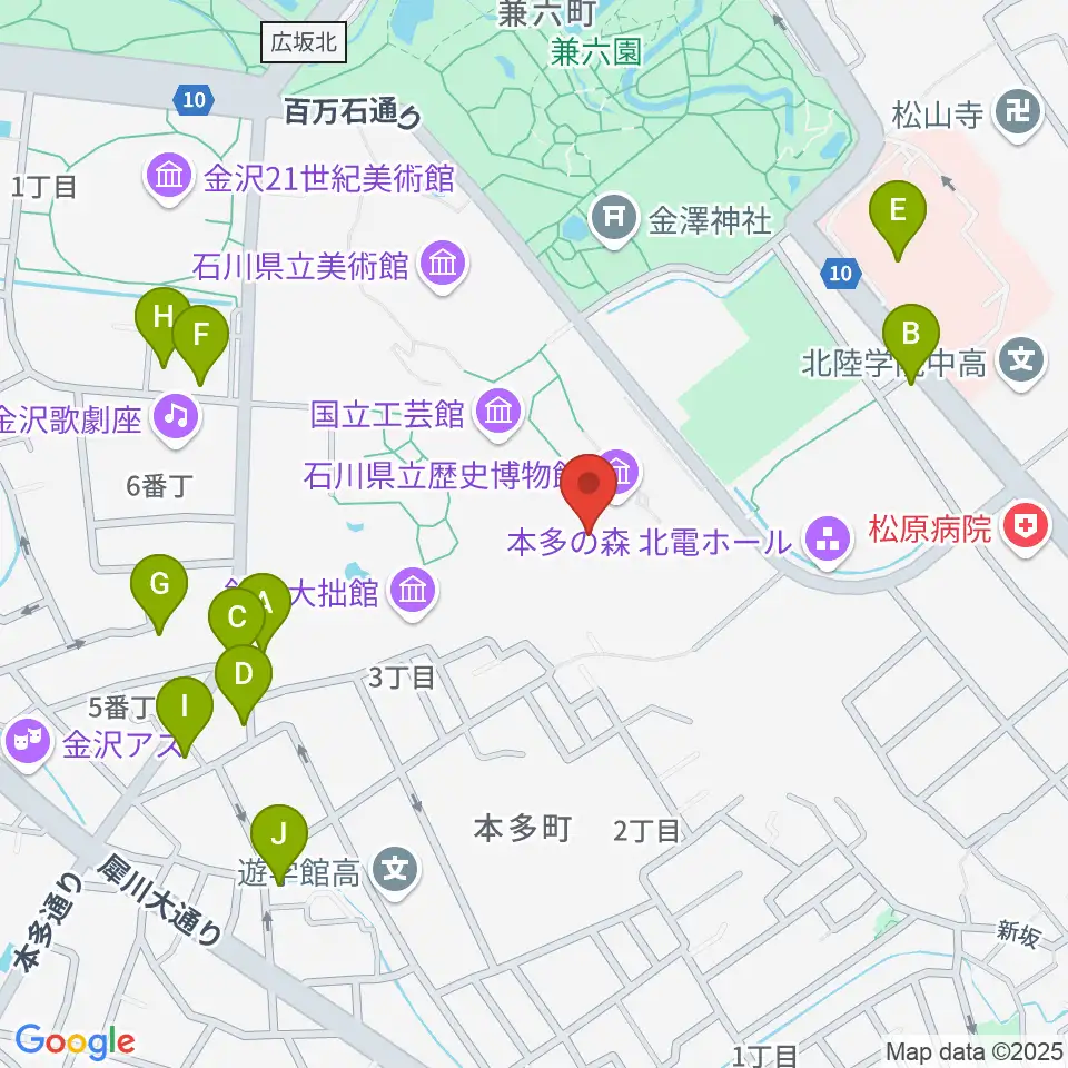 加賀本多博物館周辺のファミレス・ファーストフード一覧地図