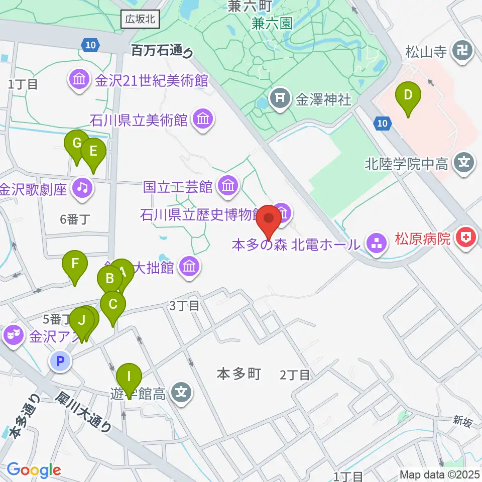 加賀本多博物館周辺のファミレス・ファーストフード一覧地図
