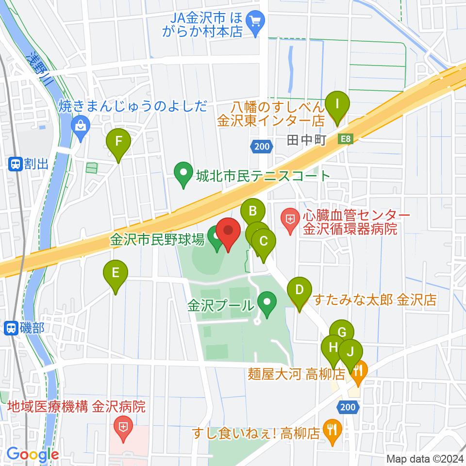 金沢市民野球場周辺のファミレス・ファーストフード一覧地図