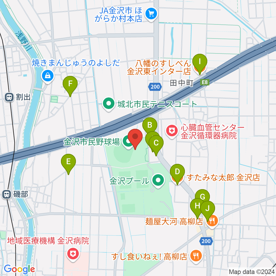 金沢市民野球場周辺のファミレス・ファーストフード一覧地図