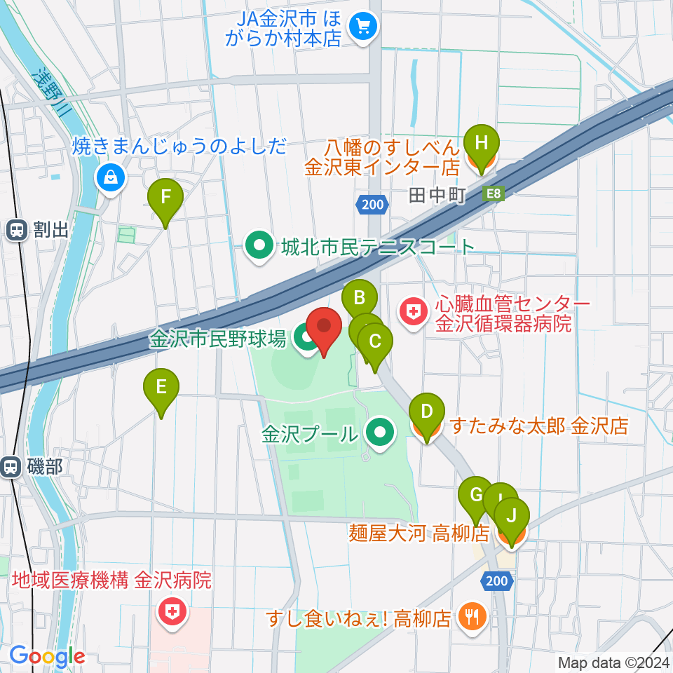 金沢市民野球場周辺のファミレス・ファーストフード一覧地図