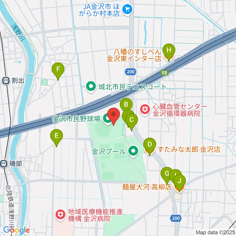 金沢市民野球場周辺のファミレス・ファーストフード一覧地図