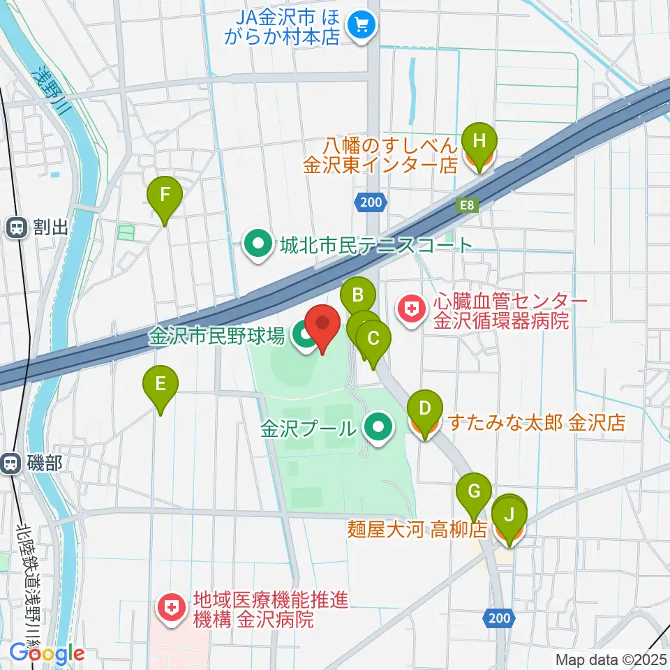 金沢市民野球場周辺のファミレス・ファーストフード一覧地図